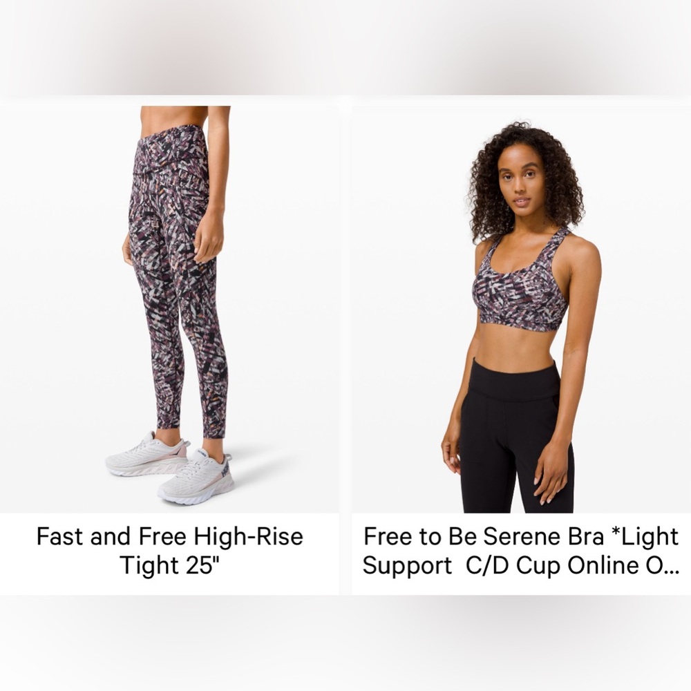 Lululemon fast to be free legging and free to be serene bra.
